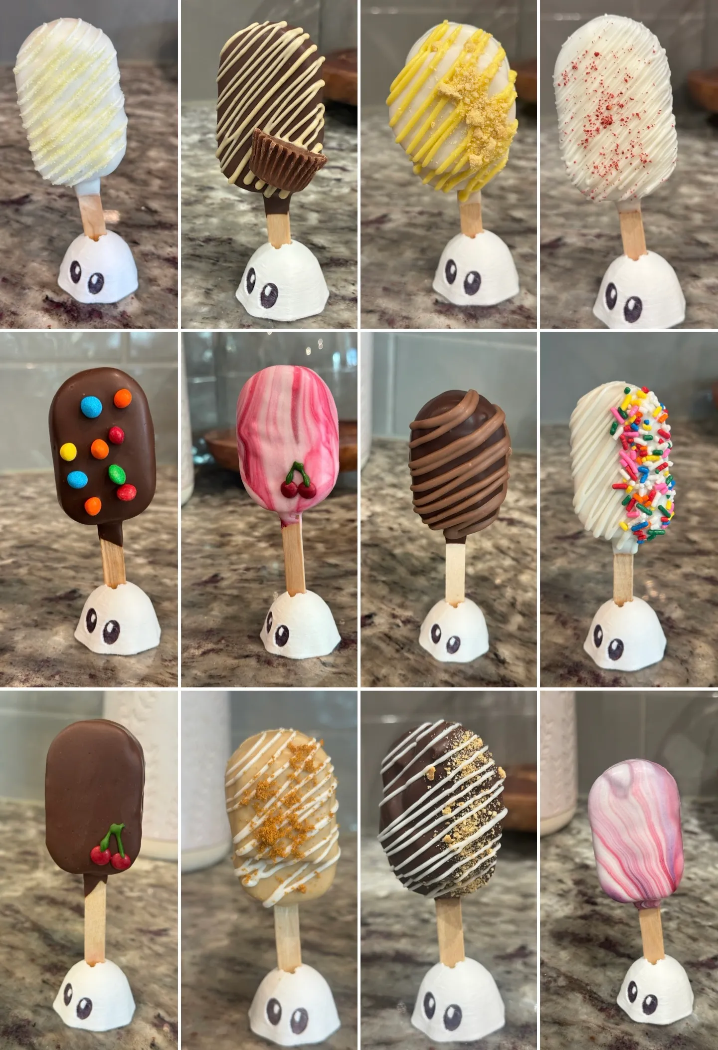 A grid of twelve Boo and Batter cakesicles showing the flavors made so far, each on a ghost stand
